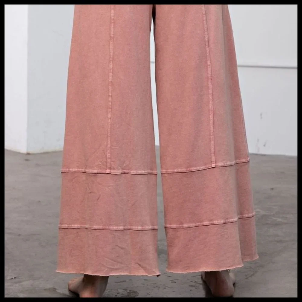 EASEL "Perfect Cargo" Terry Knit Mineral Washed Flared Leg Pants Raw Hem & Seams - Picture 7 of 14
